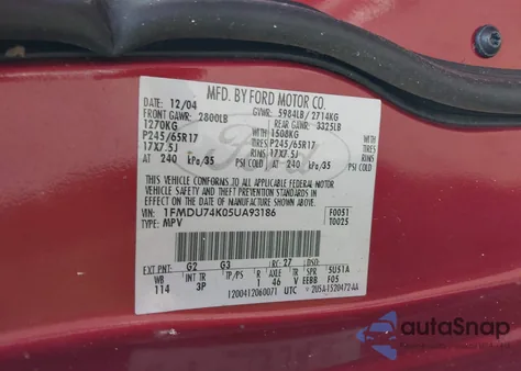 2005 Ford Explorer Eddie Bauer z USA, uszkodzony, nr VIN 1FMDU74K05UA93186